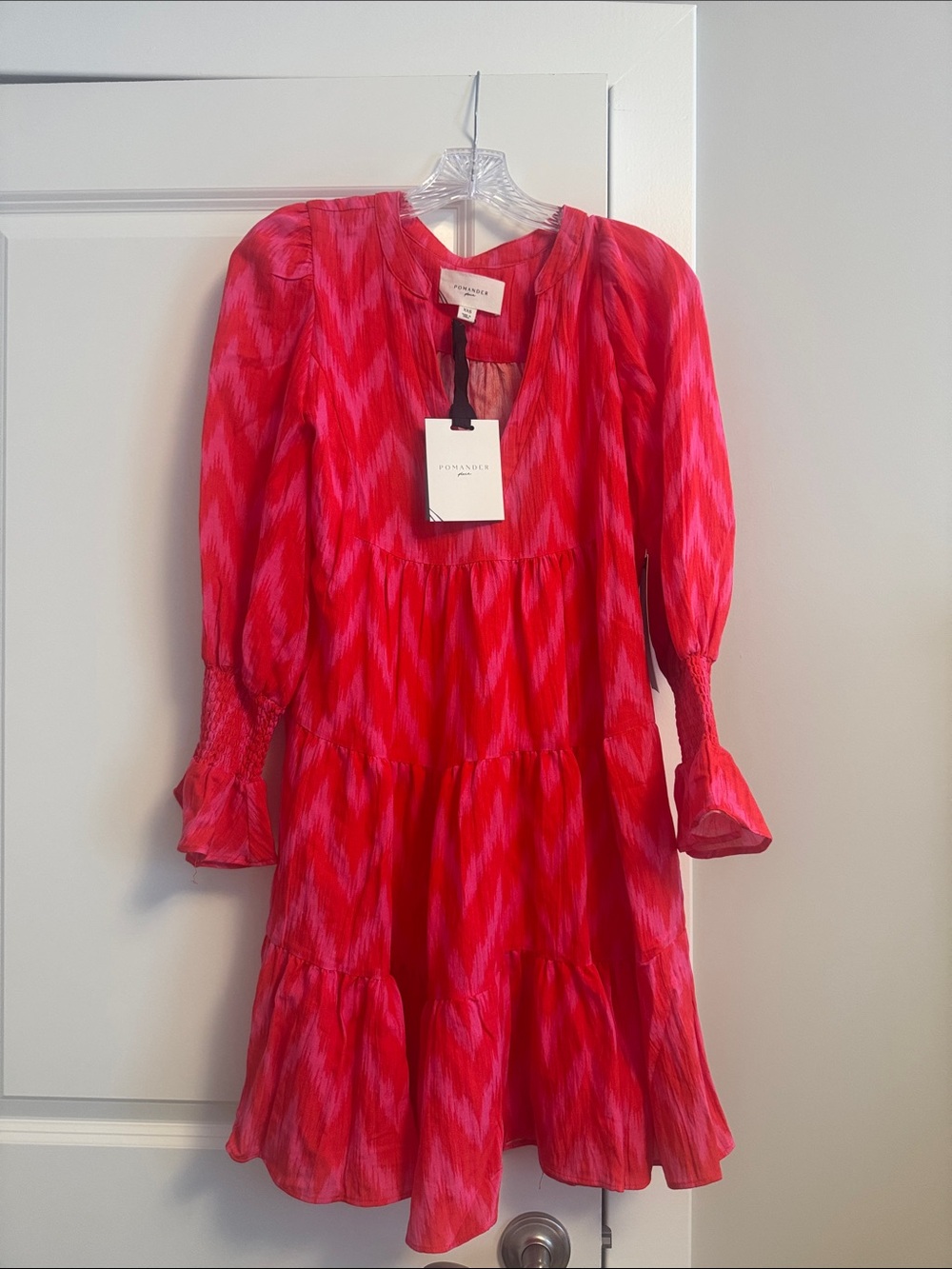 Pomander Place Pink & Red Ikat Tiered Puff-Sleeve Dress
